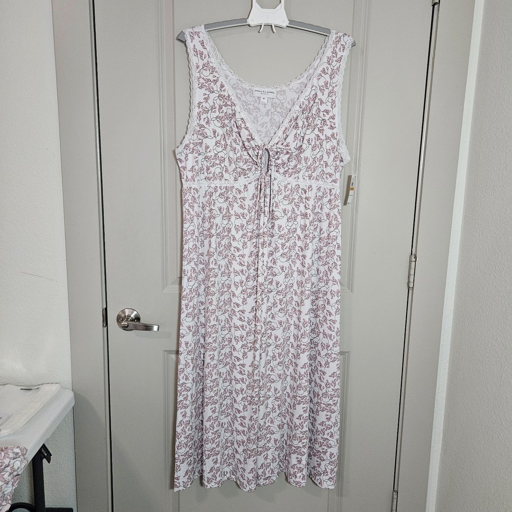 NEW Miss Elaine Long Nightgown Womens 3X Sleeveless Keyhole Pink Leaf‎ White